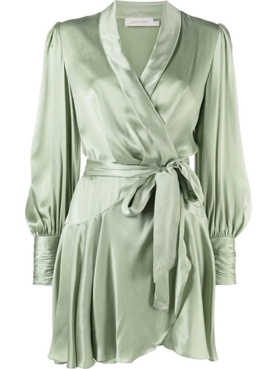 Shop Zimmermann Wrap Silk Short Dress In Green