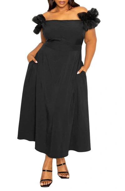 Shop Buxom Couture Off The Shoulder Tulle Sleeve A-line Dress In Black