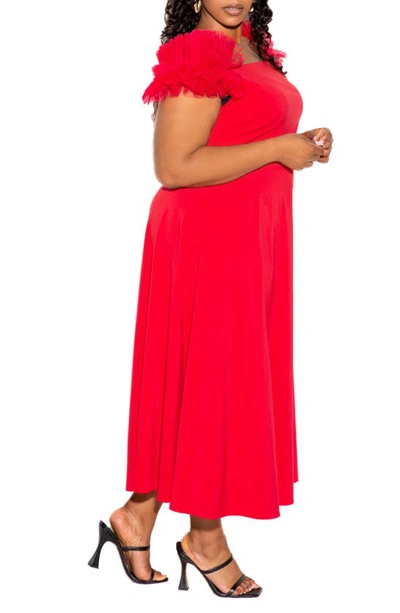 Shop Buxom Couture Off The Shoulder Tulle Sleeve A-line Dress In Red