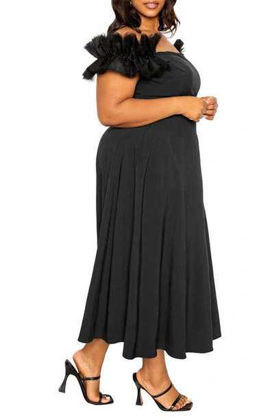Shop Buxom Couture Off The Shoulder Tulle Sleeve A-line Dress In Black