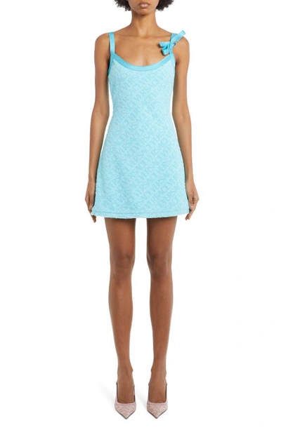 Shop Versace Logo Bow Detail Cotton Terry Dress In 1vb60 Azur