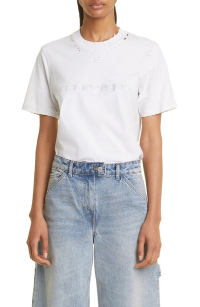 Shop Courrèges Distressed Logo Cotton T-shirt In Dirty White