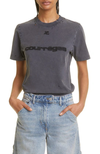 Shop Courrèges Distressed Logo Cotton T-shirt In Stonewashed Grey