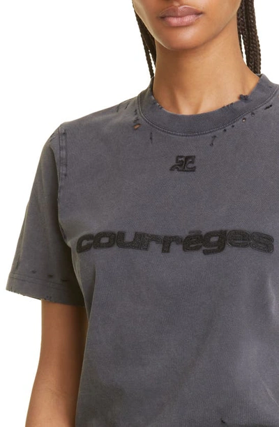 Shop Courrèges Distressed Logo Cotton T-shirt In Stonewashed Grey