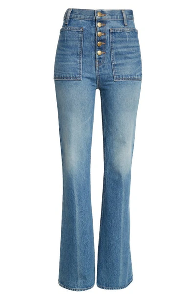 Shop Ulla Johnson The Lou Button Fly Flare Jeans In Danube Medium Indigo Wash