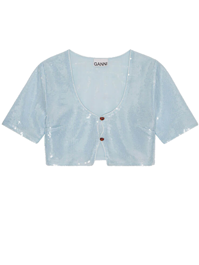 Shop Ganni Light Sequins Blouse Woman Ice Water In Polyester