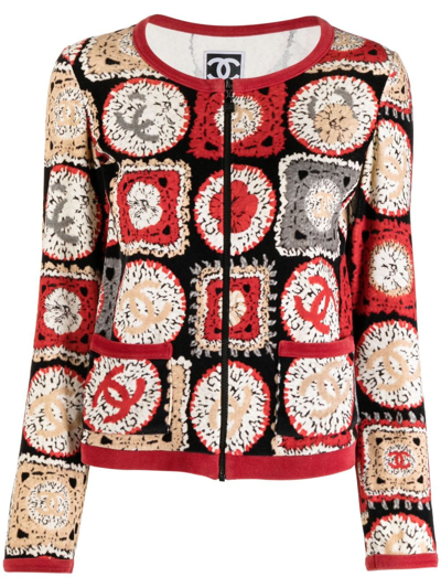 Pre-owned Chanel 2009 Sports Line Patchwork Print Collarless Jacket In Red