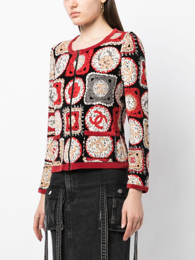 Pre-owned Chanel 2009 Sports Line Patchwork Print Collarless Jacket In Red