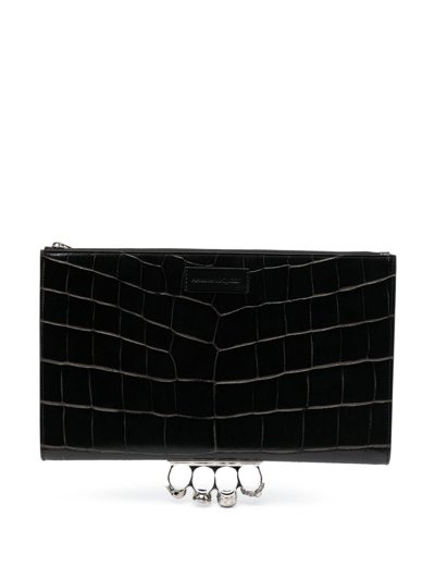 Shop Alexander Mcqueen Four Ring Crocodile-effect Clutch Bag In Black