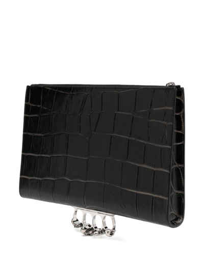 Shop Alexander Mcqueen Four Ring Crocodile-effect Clutch Bag In Black