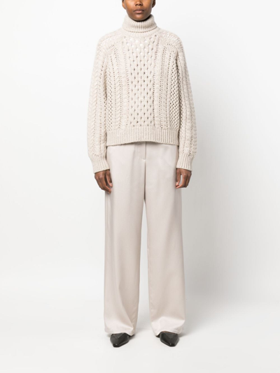 Brunello Cucinelli Sequin-embellished Pointelle-knit Cashmere-blend Turtleneck Sweater In Neutrals