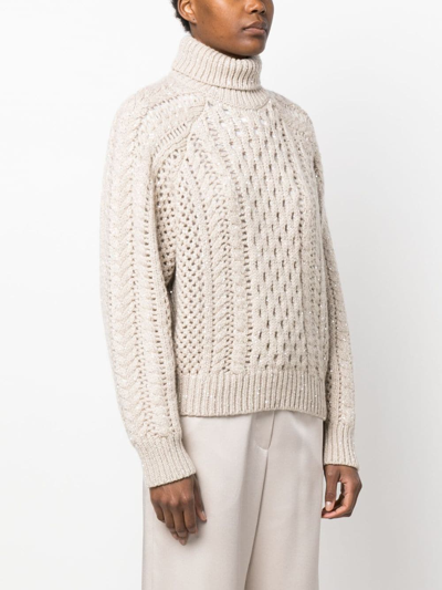 Brunello Cucinelli Sequin-embellished Pointelle-knit Cashmere-blend Turtleneck Sweater In Neutrals