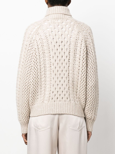 Brunello Cucinelli Sequin-embellished Pointelle-knit Cashmere-blend Turtleneck Sweater In Neutrals