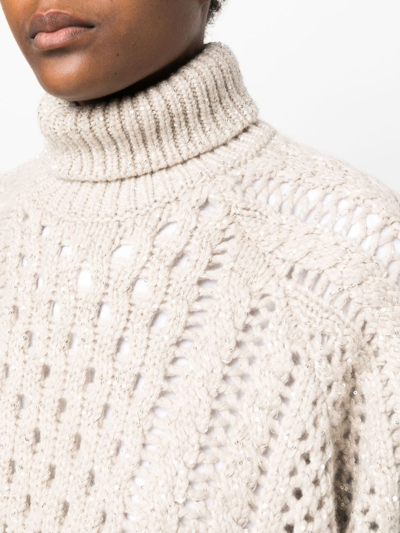 Brunello Cucinelli Sequin-embellished Pointelle-knit Cashmere-blend Turtleneck Sweater In Neutrals