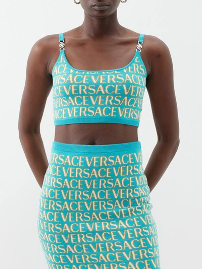 Shop Versace Logo-jacquard Cotton-blend Cropped Top In Turquoise