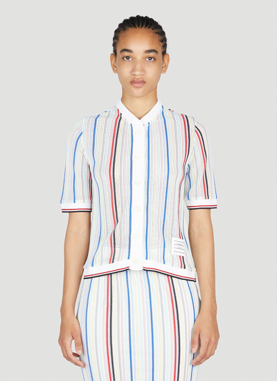 Shop Thom Browne Striped Short Sleeve Cardigan In White