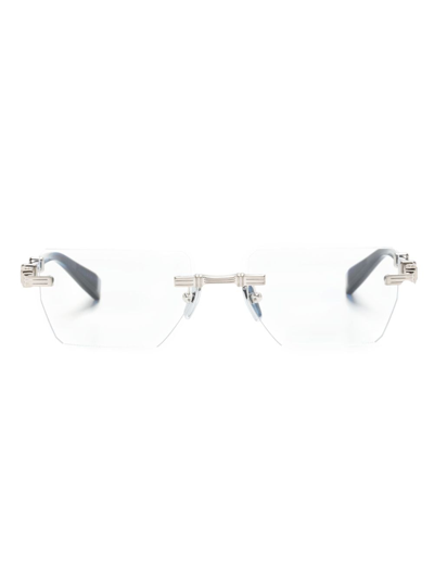 Balmain Engraved-logo Rectangle-frame Glasses In Blue