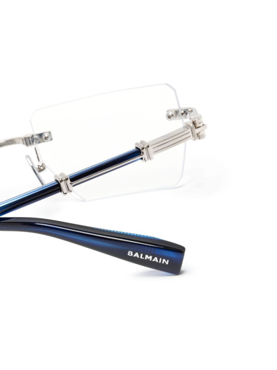 Balmain Engraved-logo Rectangle-frame Glasses In Blue