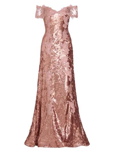 Shop Rene Ruiz Collection Women's Sequined Off-the-shoulder Gown In Blush