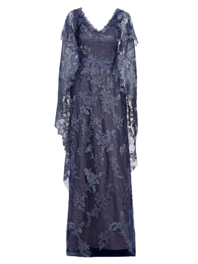 Shop Rene Ruiz Collection Women's V-neck Lace Cape Gown In Indigo