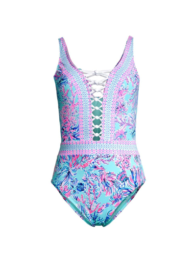 Shop Lilly Pulitzer Women's Caseylee Lattice One-piece Swimsuit In Celestial Blue