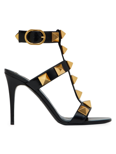 Shop Valentino Women's Roman Stud Calfskin Sandals 100 Mm In Black