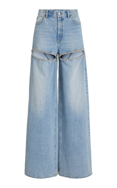 Shop Area Crystal-embellished Wide-leg Slit Jeans In Light Wash