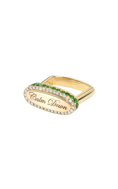 Shop Dru 14k Yellow Gold Calm Down Signet Diamond And Tsavorite Garnet Ring In Green