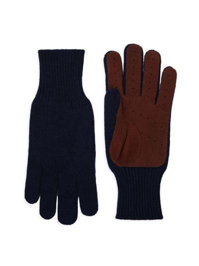 Shop Brunello Cucinelli Men's Cashmere Knit Gloves With Suede Palm In Navy Blue