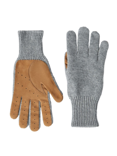 Shop Brunello Cucinelli Men's Cashmere Knit Gloves With Suede Palm In Grey