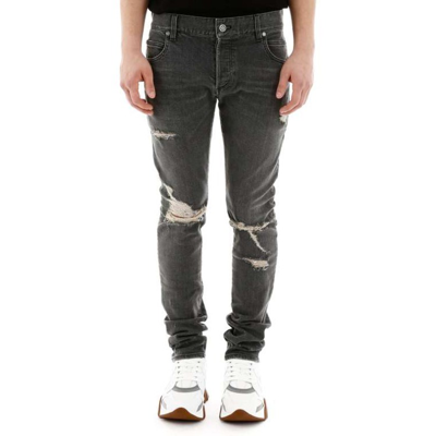 Shop Balmain Cotton Denim Jeans In Grey