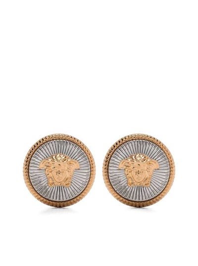 Shop Versace Silver And Gold Earrings With Medusa Detail In Metal Woman In Metallic
