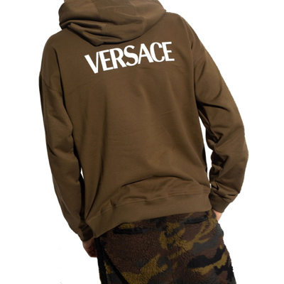 Shop Versace Logo Hooded Sweatshirt In Brown