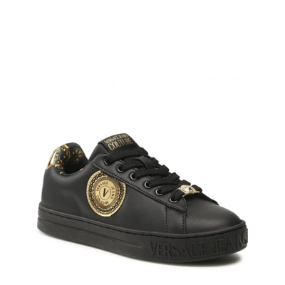 Shop Versace Jeans Couture Leather Logo Sneakers In Black