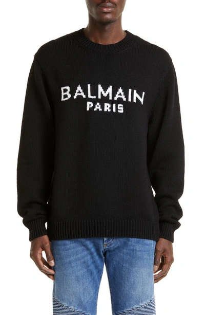Shop Balmain Logo Merino Wool Blend Sweater In Eab - Black/ White