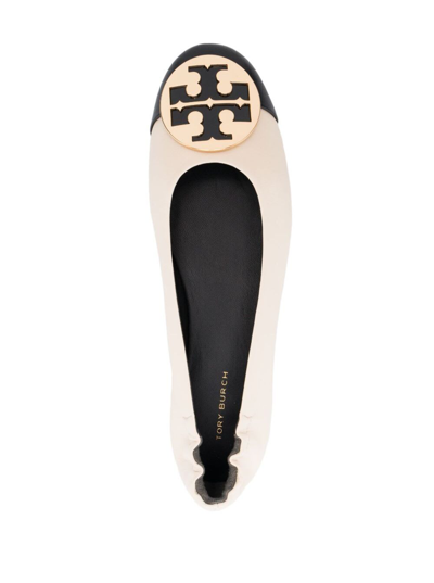Shop Tory Burch White Ballet Flats With Metal Logo Detail In Leather Woman In White/black