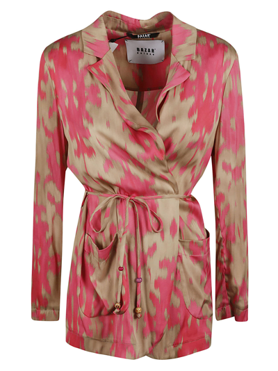 Shop Bazar Deluxe Printed Belted Cardi-coat In Ecru/pink