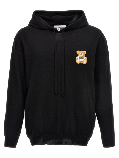 Shop Moschino Teddy Bear Embroidered Drawstring Hoodie In Black