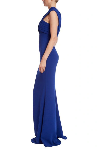 Shop Badgley Mischka Pleated One-shoulder Gown In Blue
