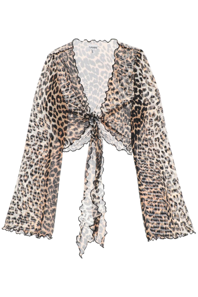 Shop Ganni Cover Up Cropped Top In Mesh With Leopard Print In Multi-colored