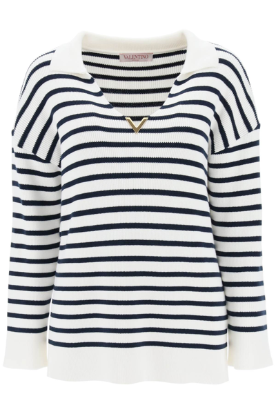 Shop Valentino Striped Cotton Knit Sweater With V Gold Detailing In Multi-colored