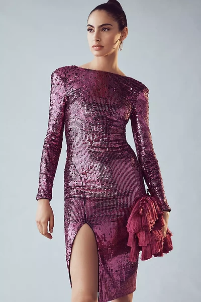 Shop Dress The Population Long-sleeve Sequin Dress In Purple