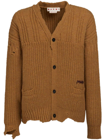 Shop Marni Distressed Wool Cardigan In Brown