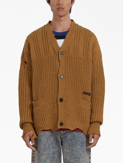 Shop Marni Distressed Wool Cardigan In Brown