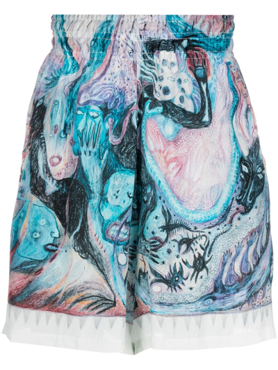 Shop Endless Joy Blue Hypnic Jerk Silk-crepe Bermuda Shorts