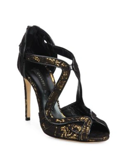 Casadei Cutout Lace Peep-toe Sandals In Gold And Black