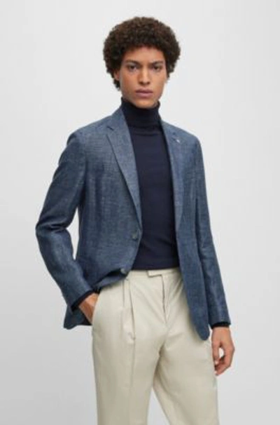 Shop Hugo Boss Slim-fit Jacket In Patterned Linen And Virgin Wool In Dark Blue