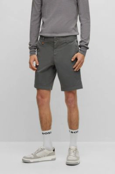 Hugo Boss Slim-fit Shorts In Printed Stretch-cotton Twill In Dark Grey