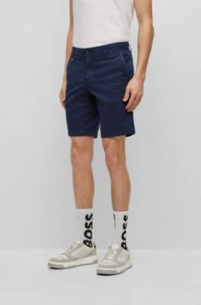 Shop Hugo Boss Slim-fit Shorts In Printed Stretch-cotton Twill In Dark Blue