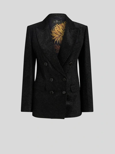 Shop Etro Double-breasted Jacket With Printed Lining In Black